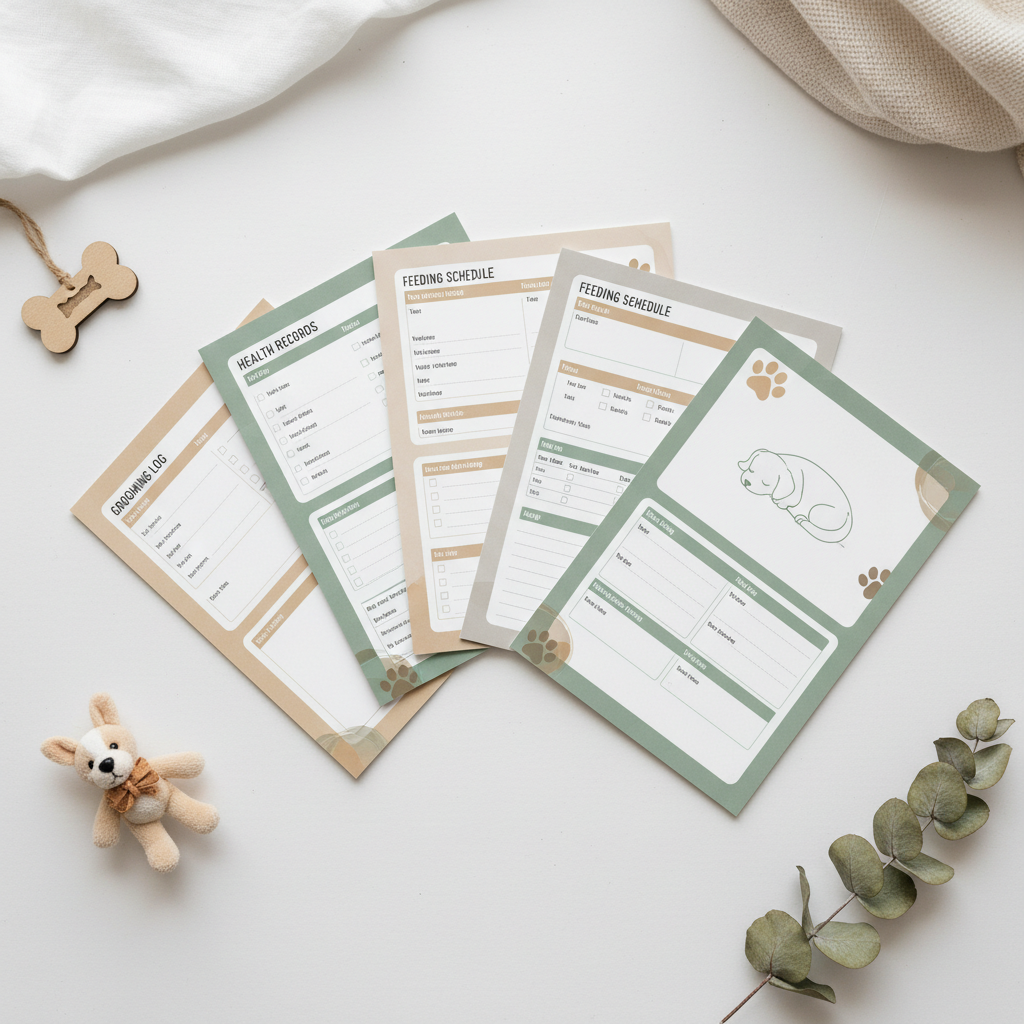 Paws & Plans printable dog care planner pages flat lay