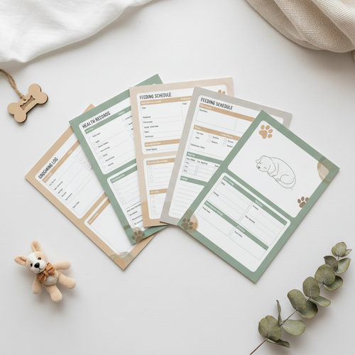 Paws & Plans printable dog care planner pages flat lay